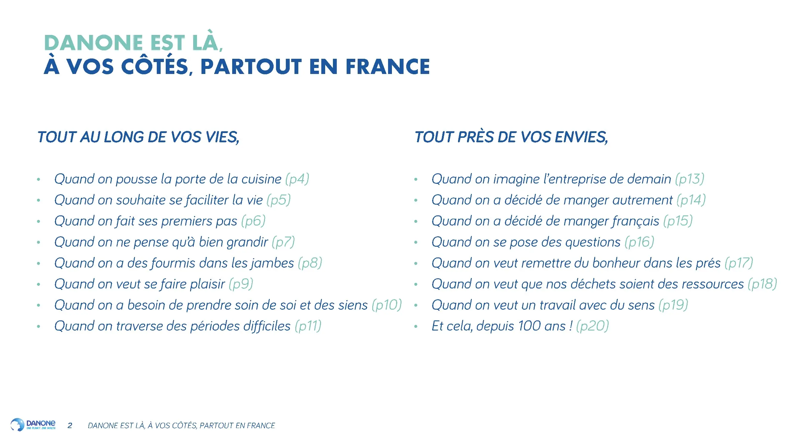 Danone est là tout au long de vos vies et tout près de vos envies. Liste des thématiques abordées avec références aux pages de la présentation.