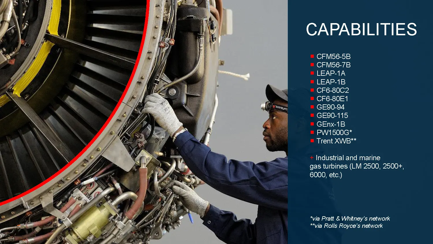 Capacités techniques : moteurs CFM56-5B/7B, LEAP-1A/1B, CF6-80C2/E1, GE90-94/115, GEnx-1B, PW1500G, Trent XWB, et turbines industrielles et marines. Photo d'un technicien travaillant sur un moteur.