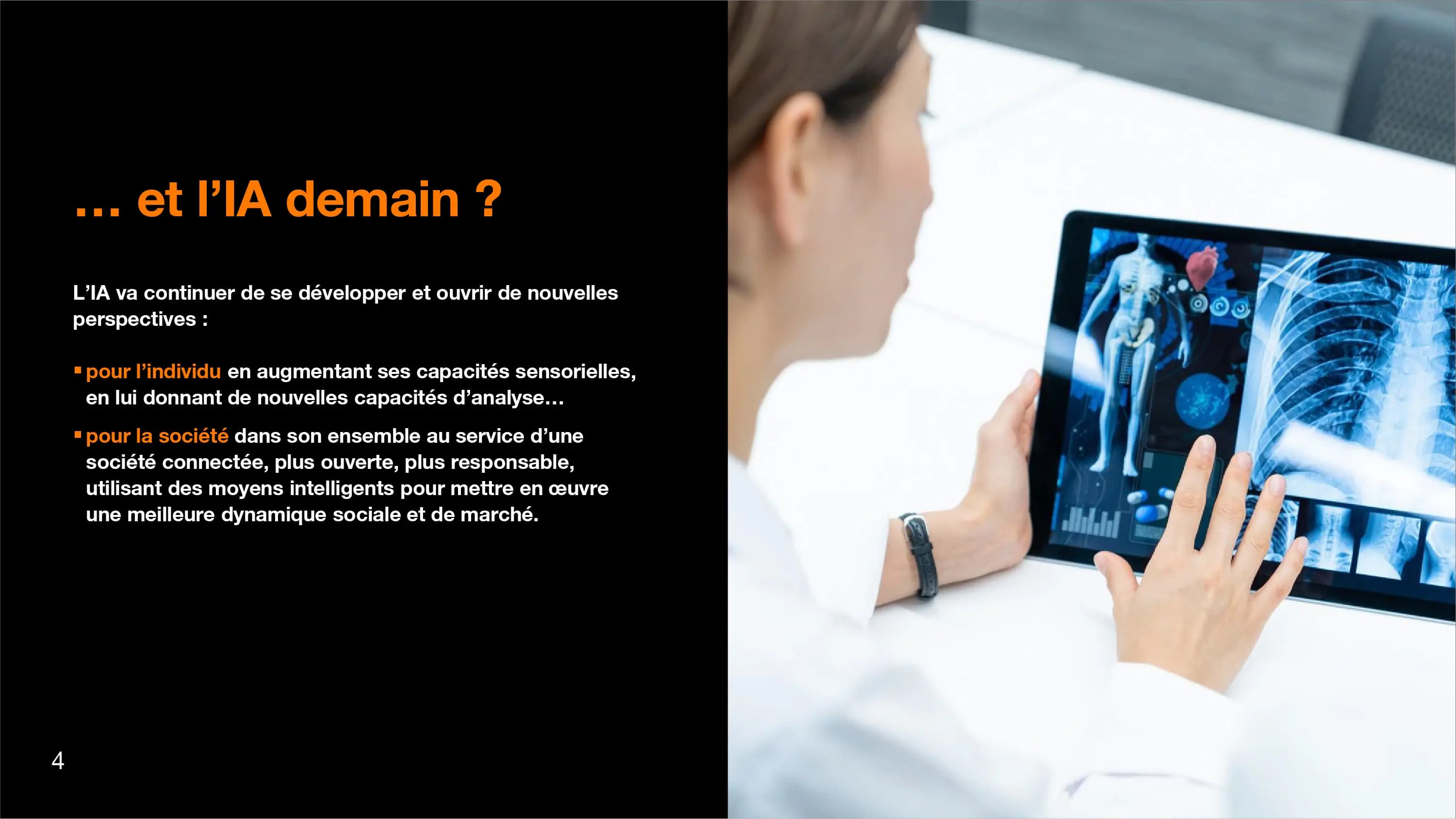 L'IA demain : développement futur pour augmenter les capacités sensorielles individuelles et servir une société connectée plus responsable. Photo de professionnel de santé consultant une tablette avec imagerie médicale radiologique