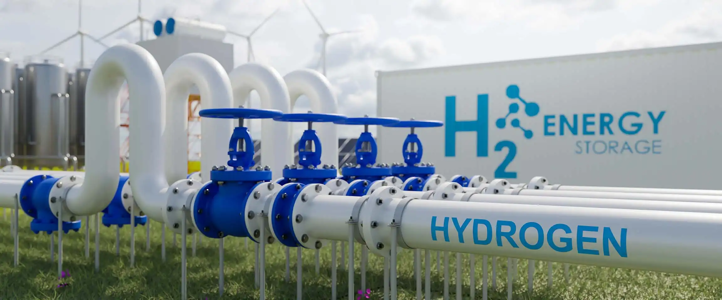 Vue d'artiste de conduites surmontées de valves et menant à des silos de stockage d'hydrogène